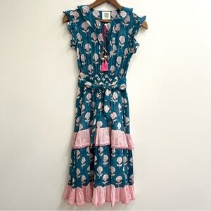 Bell Alicia Bell silk cotton hand block print ruffle sleeve midi dress blue pink